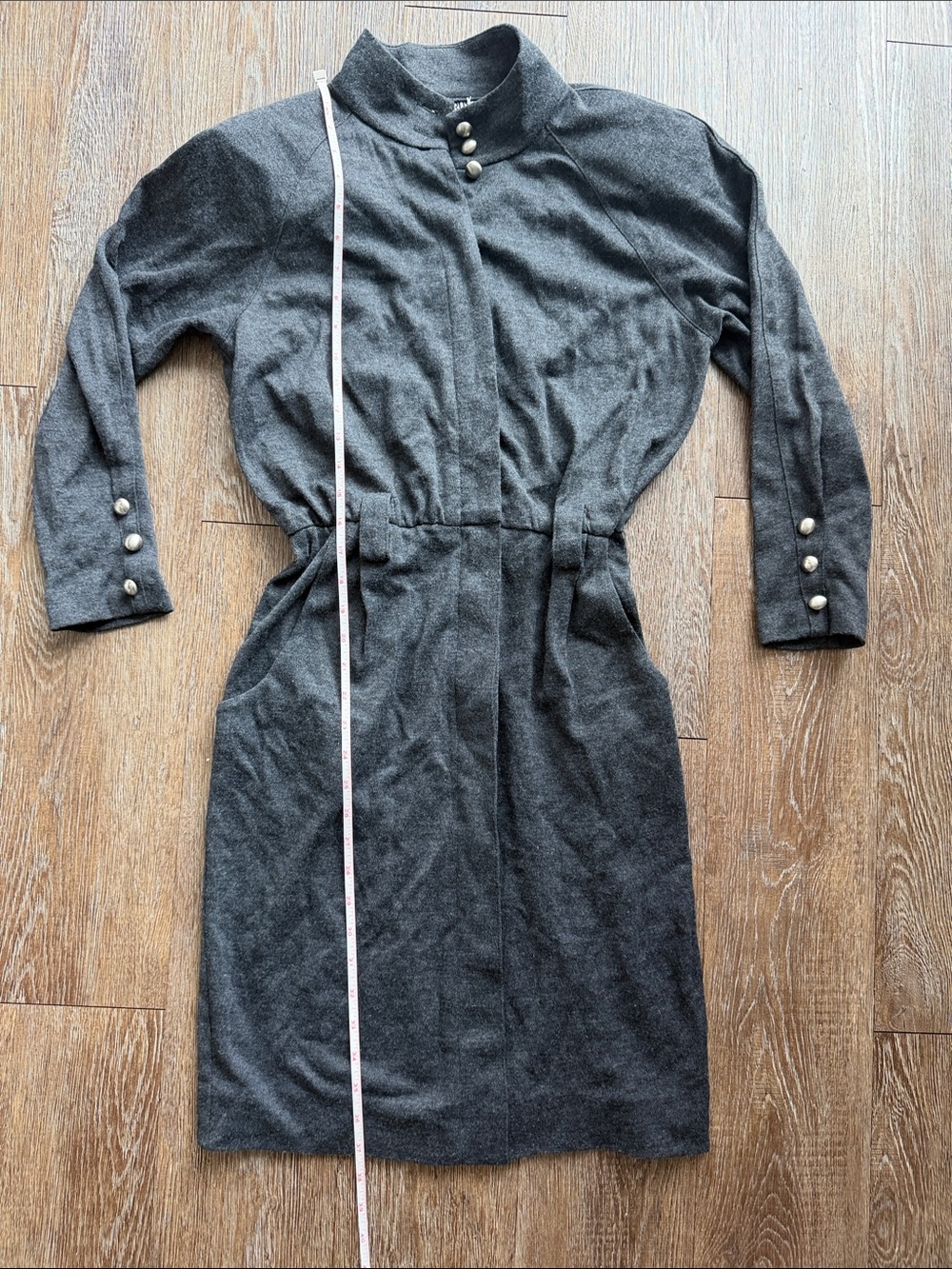 Women's Dark Gray Long-Sleeve Midi Dress with Button Accents
